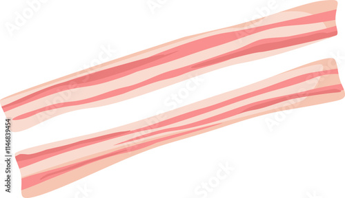 Two strips of uncooked bacon lying diagonally on a clean white background, awaiting cooking for a mouthwatering breakfast filled with savory flavors and satisfying textures