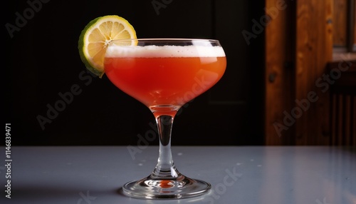 Cocktail glass filled with red drink and lemon slice, on table with wooden background, copy space photo