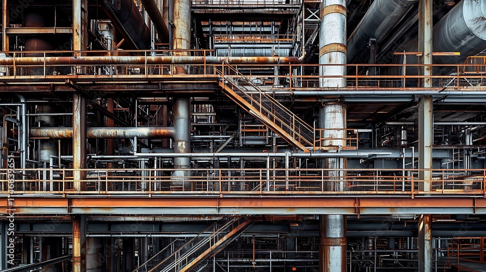 Rusting industrial complex, intricate network of pipes, platforms, and stairs.