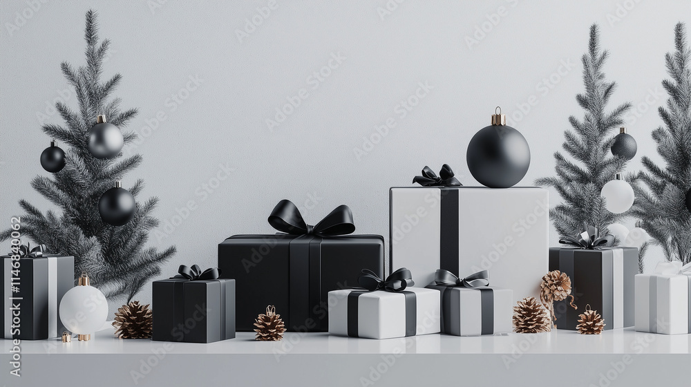 A visually striking display of minimalist Christmas gifts featuring sleek 3D renders, monochrome wrapping, and simple ribbons, set on a clean, modern surface
