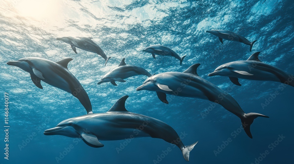 Fototapeta premium Dolphins swimming underwater in ocean.
