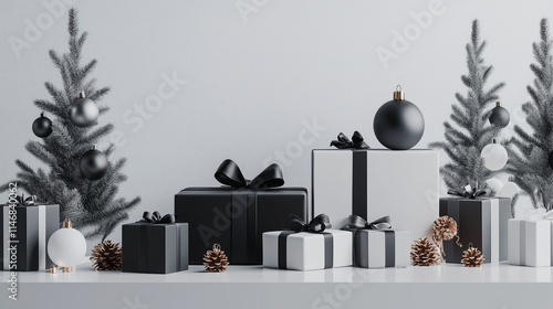 Obraz na płótnie A visually striking display of minimalist Christmas gifts featuring sleek 3D renders, monochrome wrapping, and simple ribbons, set on a clean, modern surface w salonie