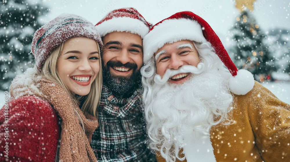 A young couple in fashionable winter outfits standing with Santa Claus, joyfully enjoying Christmas moments, isolated on a white background