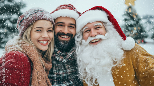 Obraz na płótnie A young couple in fashionable winter outfits standing with Santa Claus, joyfully enjoying Christmas moments, isolated on a white background w salonie