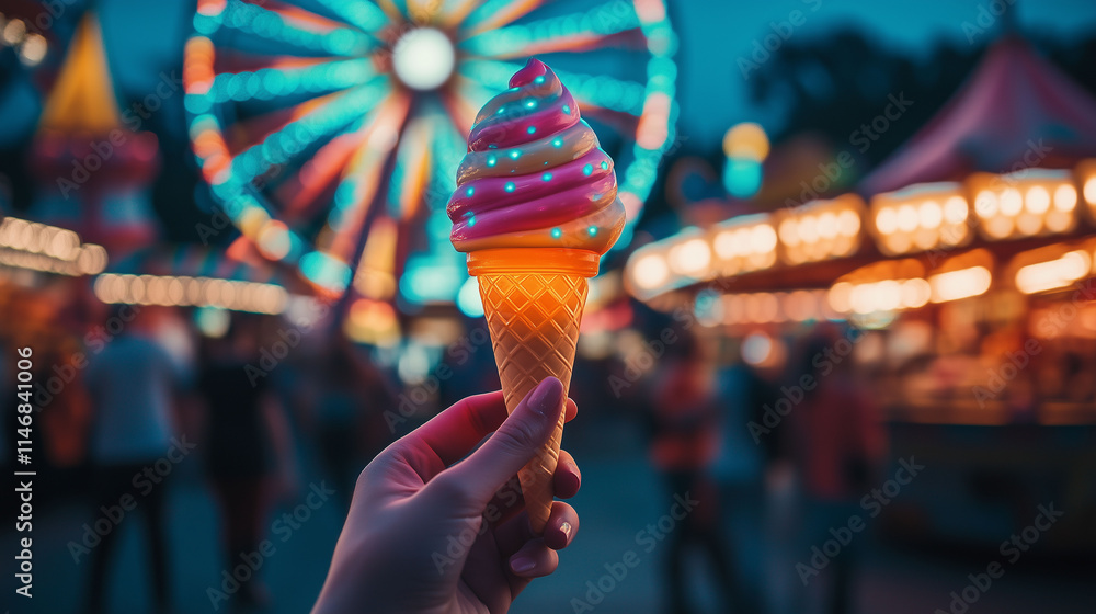 Close-up of a hand grasping a colorful light-up ice cream cone toy against the backdrop of a lively night market, with illuminated carnival rides spinning in the background and cheerful crowds