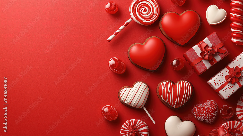 Modern Valentine's Day sale design featuring red heart lollipop, cookies, and festive garland Modern Valentine's Day sale design featuring red heart lollipop, cookies, and festive garland