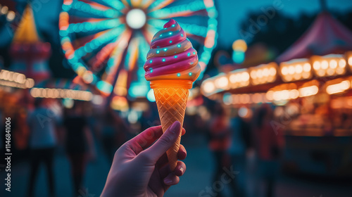 Obraz na płótnie Close-up of a hand grasping a colorful light-up ice cream cone toy against the backdrop of a lively night market, with illuminated carnival rides spinning in the background and cheerful crowds w salonie