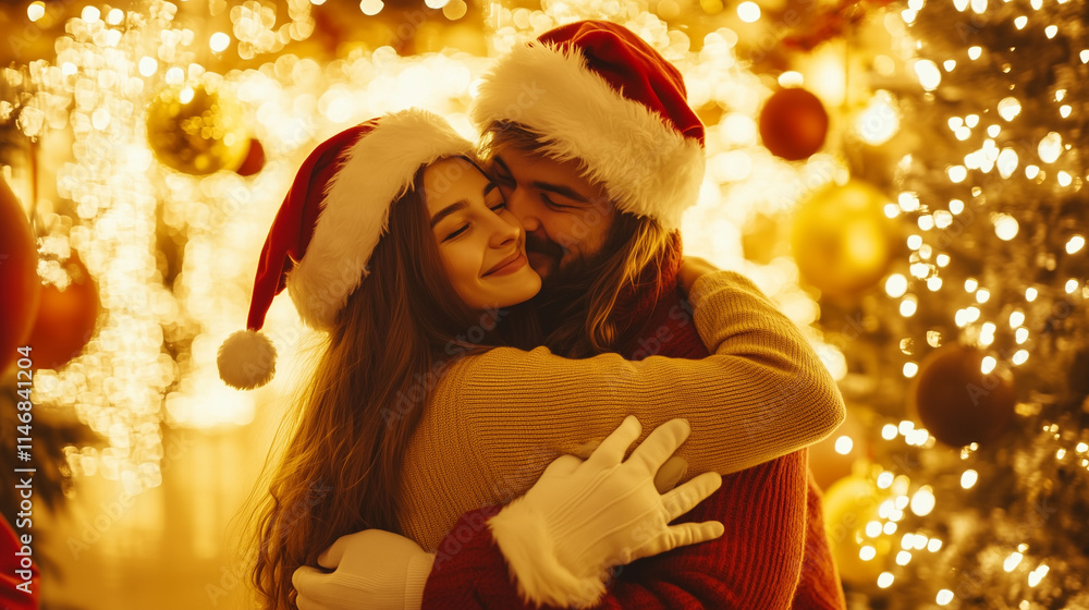 A trendy young couple hugging Santa Claus in a yellow-lit Christmas scene, festive ornaments in the background