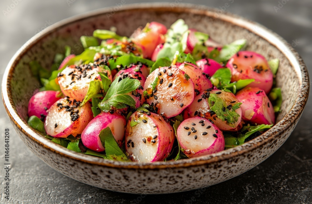 Fresh salad with vibrant radishes and greens presented in a textured bowl on a dark surface, showcasing healthy Fresh salad with vibrant radishes and greens presented in a textured bowl on a dark surface, showcasing healthy