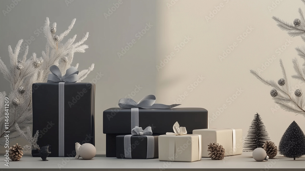 A visually striking display of minimalist Christmas gifts featuring sleek 3D renders, monochrome wrapping, and simple ribbons, set on a clean, modern surface