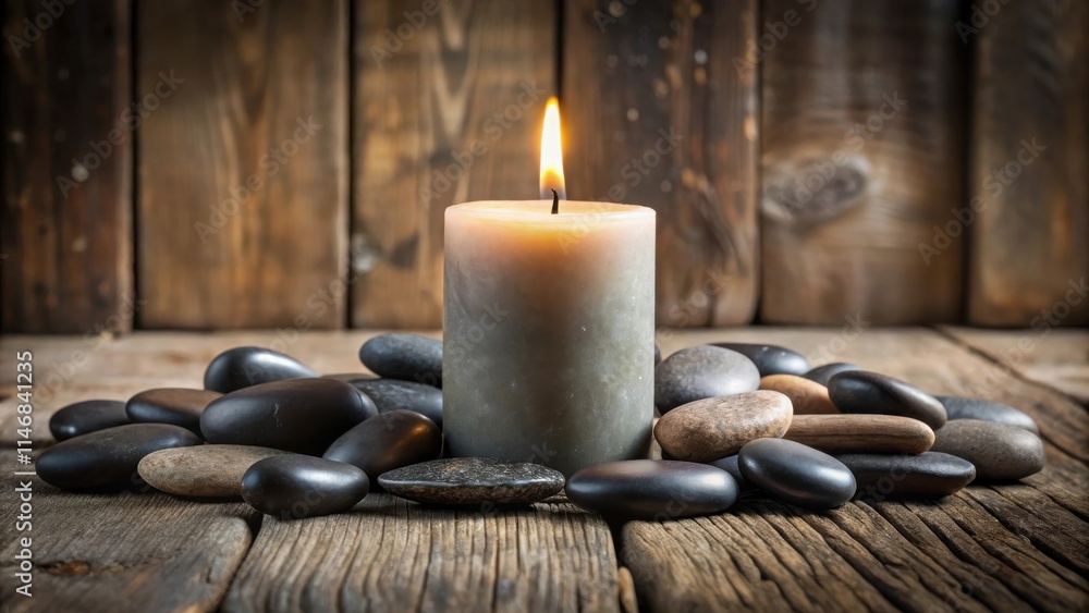 A lit candle surrounded by smooth, polished river stones rests on a weathered wooden surface, creating a serene and calming atmosphere. A lit candle surrounded by smooth, polished river stones rests on a weathered wooden surface, creating a serene and calming atmosphere.