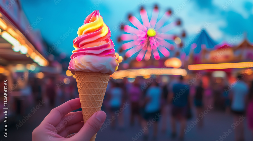 A vibrant light-up ice cream cone toy held by a hand, with a bustling night market scene in the background filled with spinning carnival rides and lively crowds