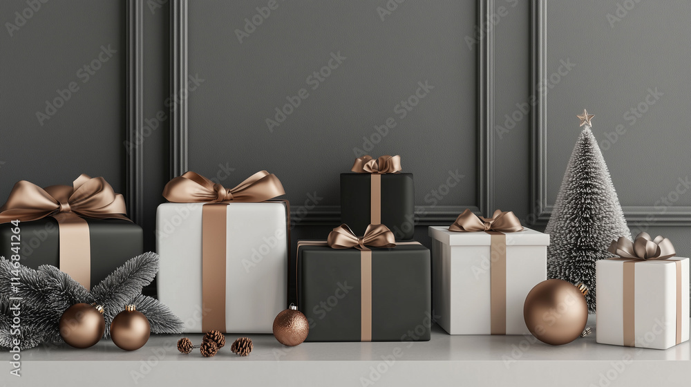 A visually striking display of minimalist Christmas gifts featuring sleek 3D renders, monochrome wrapping, and simple ribbons, set on a clean, modern surface