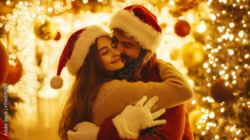 A trendy young couple hugging Santa Claus in a yellow-lit Christmas scene, festive ornaments in the background