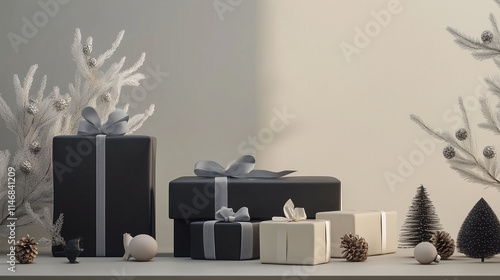 Obraz na płótnie A visually striking display of minimalist Christmas gifts featuring sleek 3D renders, monochrome wrapping, and simple ribbons, set on a clean, modern surface w salonie