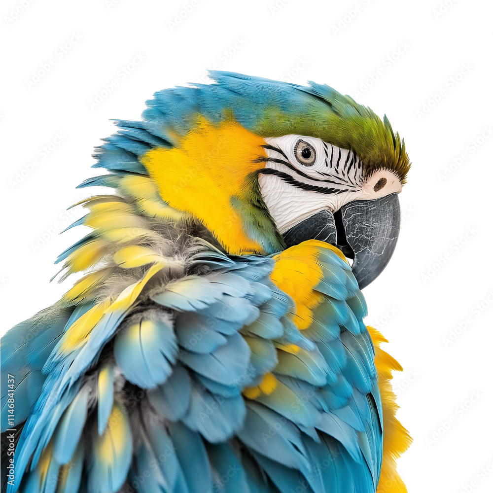 Fototapeta premium Isolated Image Of A Vibrant Blue-And-Yellow Macaw Perched With Wings Slightly Open On A White Background