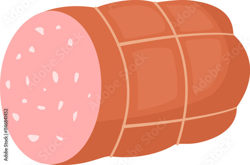 Large sausage roll tied with string, revealing a cross section of pink meat with white speckles, isolated on a white background, perfect for culinary or food related projects