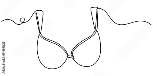 continuous line art of clothes hanger hand and bra, Bathing Suit Bikini Single Line Drawing with Editable Stroke, Continuous one simple single line drawing of push up bra icon in silhouette on a white