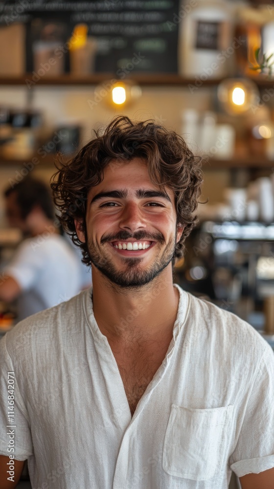 Smiling young man with curly hair at a cozy coffee shop during daytime Smiling young man with curly hair at a cozy coffee shop during daytime