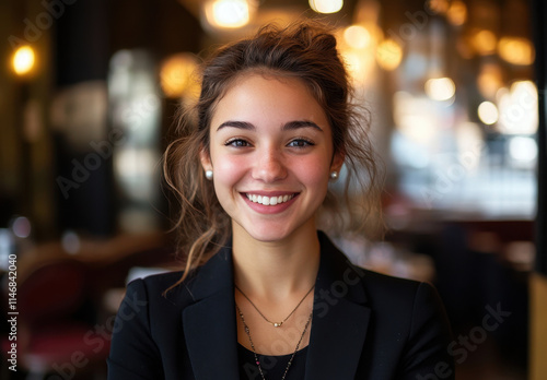 A young woman with a lively smile stands confidently in a cozy restaurant, surrounded by soft, warm lighting that creates an inviting atmosphere. Her joyful expression adds to the ambiance.