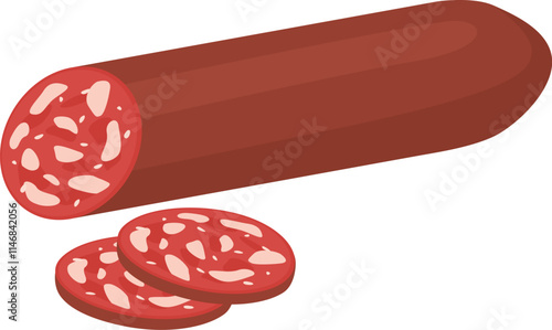 Salami featuring slices arranged beside it, revealing intricate inside textures and rich colors against a clean white background, highlighting its appeal as a gourmet delicacy