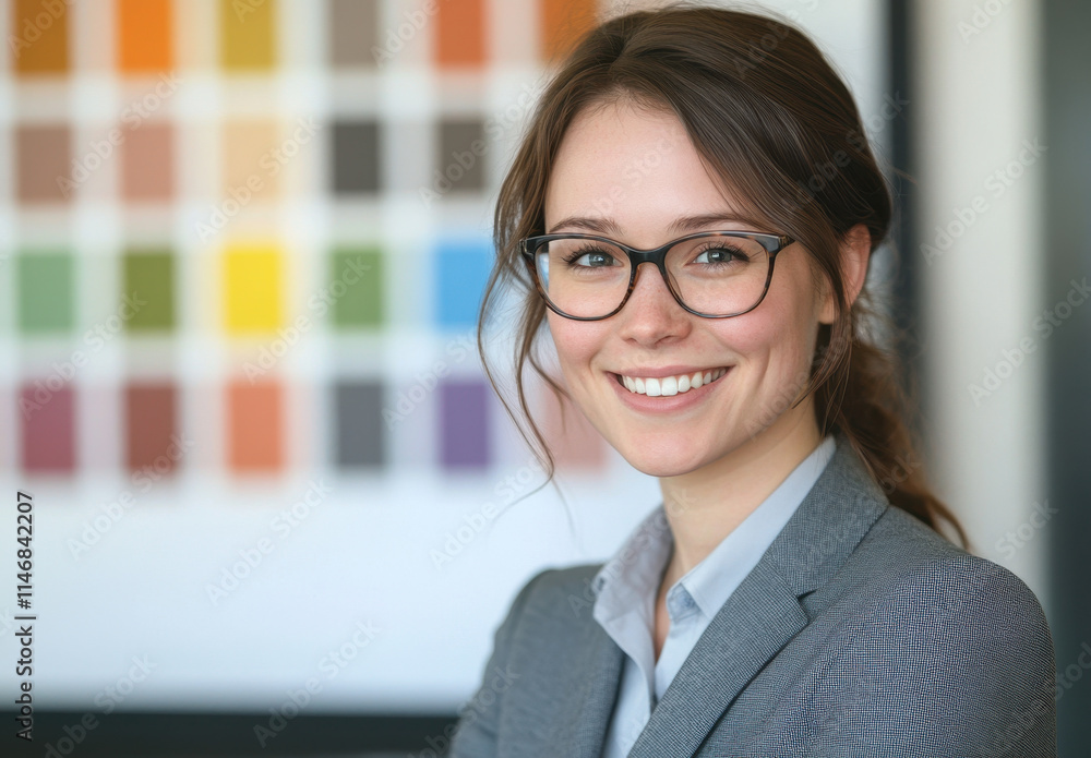 A young professional woman with glasses stands in an office setting, smiling warmly. Behind her are vibrant color swatches displayed on a wall, adding to the creative atmosphere. A young professional woman with glasses stands in an office setting, smiling warmly. Behind her are vibrant color swatches displayed on a wall, adding to the creative atmosphere.