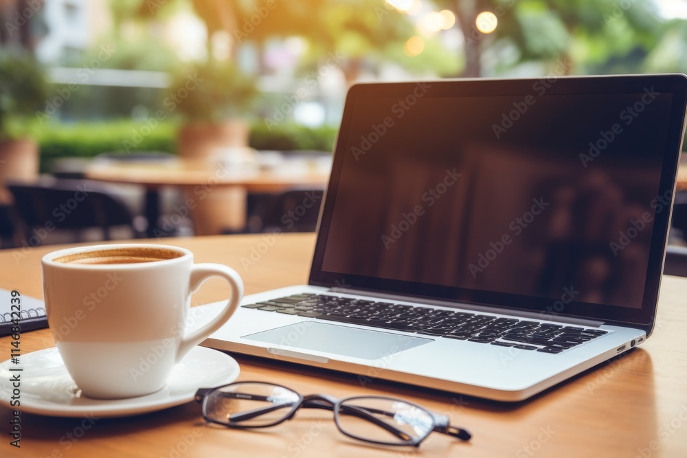 Fototapeta premium Minimalist desk setup featuring open laptop and coffee mug in subtle business hues