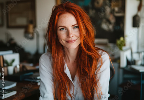 A woman with striking red hair smiles confidently in a well-decorated office filled with plants and art. Natural light creates a bright and inviting atmosphere.