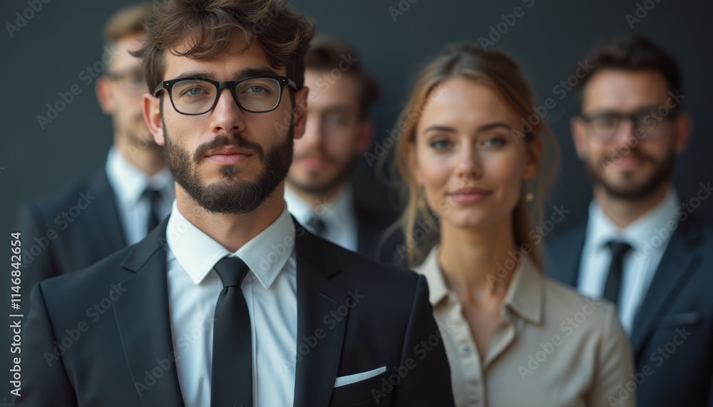 A group of well-dressed professionals stands confidently in a corporate environment, exuding a sense of teamwork and ambition. The image captures a diverse group, with a focus on a man in a suit and a A group of well-dressed professionals stands confidently in a corporate environment, exuding a sense of teamwork and ambition. The image captures a diverse group, with a focus on a man in a suit and a