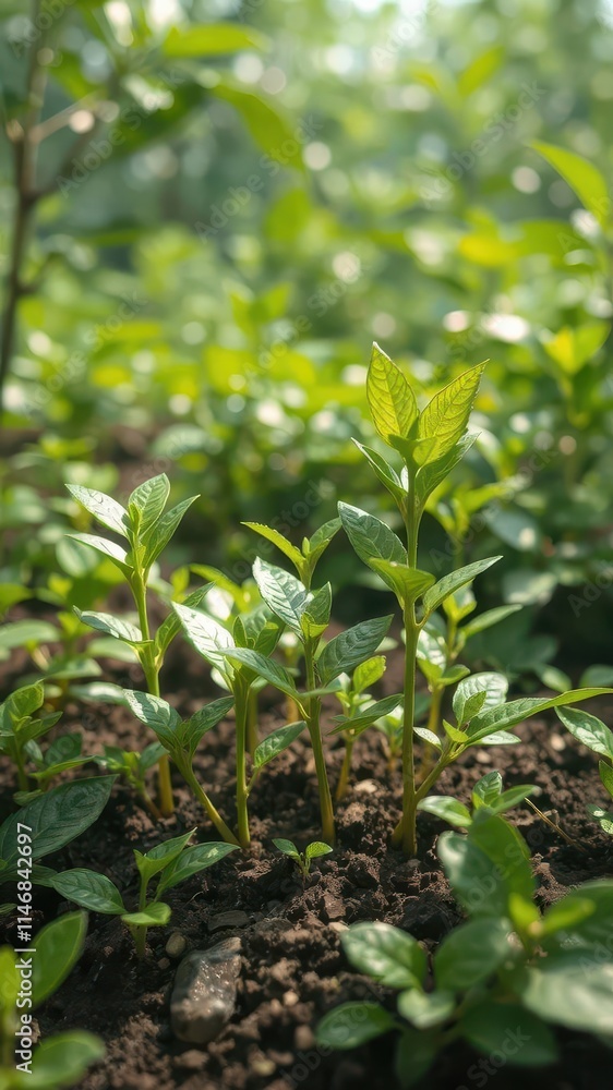 Vibrant green coffee seedlings sprout, thriving amidst lush foliage, morning,leaves Vibrant green coffee seedlings sprout, thriving amidst lush foliage, morning,leaves