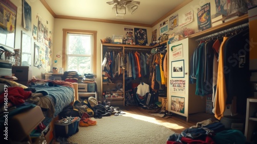 Messy teenage bedroom with clothes scattered, posters on walls, sunlight streaming through window.