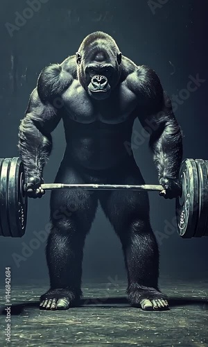 A muscular gorilla lifting a heavy barbell in a dramatic, dark setting.