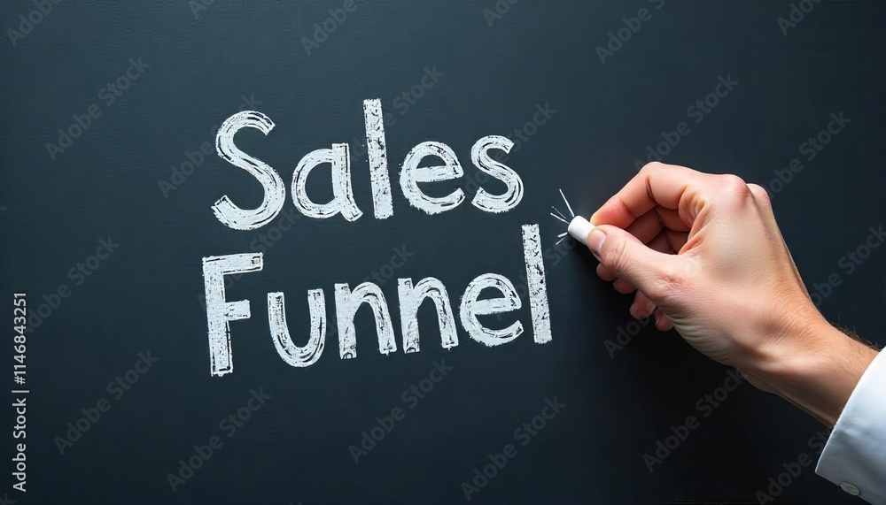 Hand holding white chalk writing Sales Funnel.Highlighting key business principles Hand holding white chalk writing Sales Funnel.Highlighting key business principles