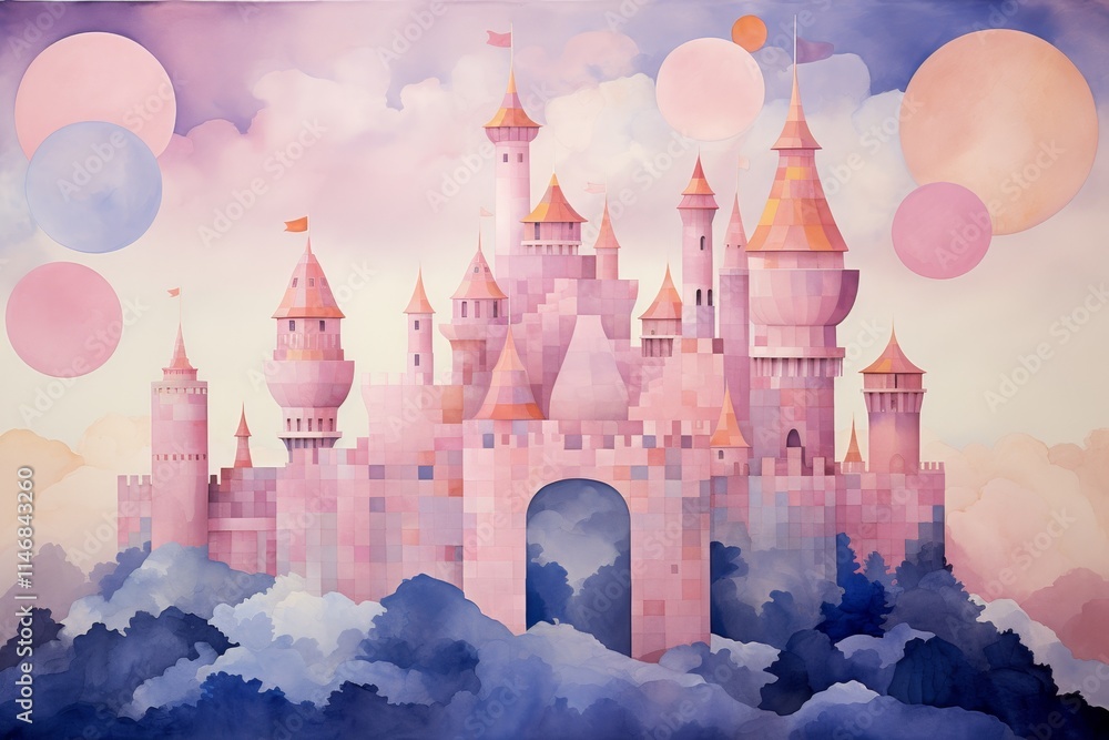 Whimsical pastel castle on the horizon surrounded by soft clouds in gentle colors Whimsical pastel castle on the horizon surrounded by soft clouds in gentle colors