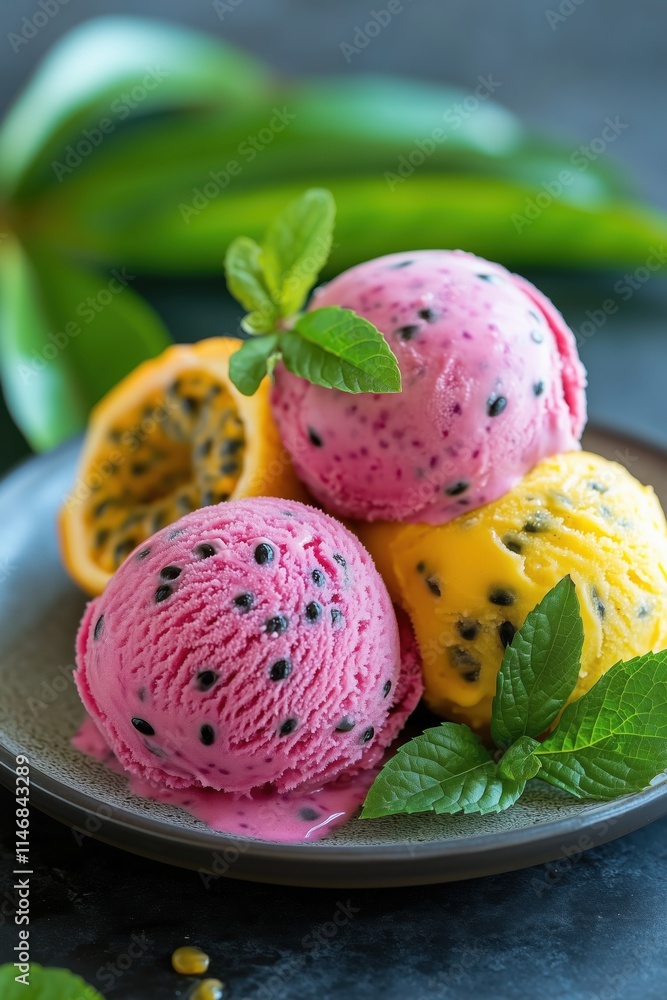 Tropical dessert delight with passion fruit and berry ice cream Tropical dessert delight with passion fruit and berry ice cream