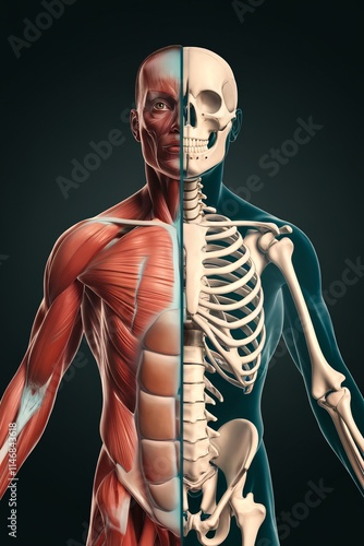 Human anatomy with half skeleton with bones visible on one side and and muscle on the other