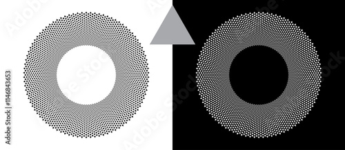 Modern abstract background with halftone triangles in circle form. Round logo. Black shape on a white background and the same white shape on the black side.