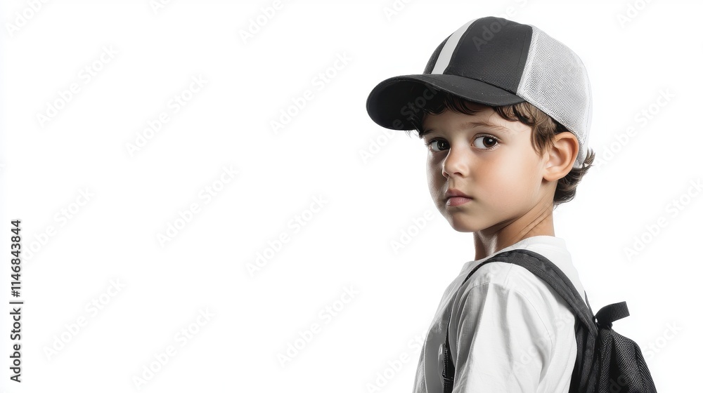 Young boy with cap and backpack looking over his shoulder against a white background, embodying curiosity and exploration in a playful manner Young boy with cap and backpack looking over his shoulder against a white background, embodying curiosity and exploration in a playful manner