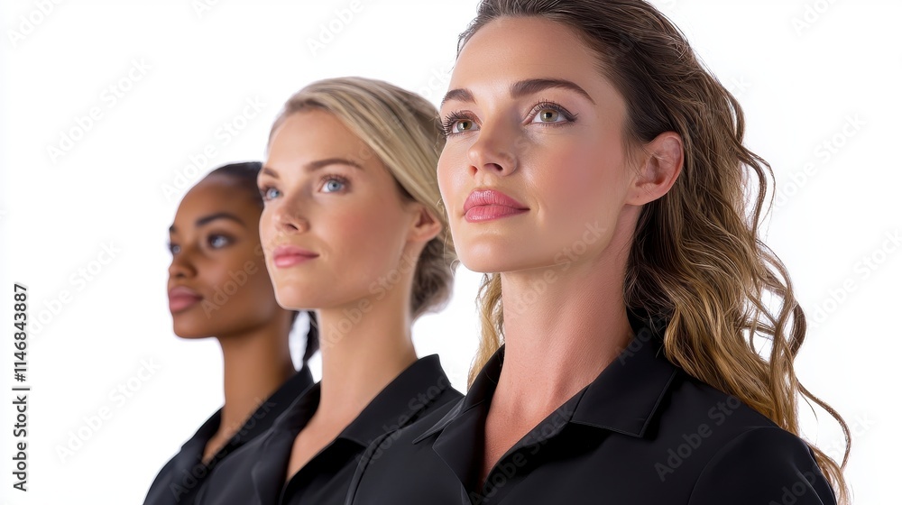Group of Confident Multicultural Women Standing in a Line with Serious Expressions, Portraying Diversity and Empowerment in Professional Attire Against a White Background Group of Confident Multicultural Women Standing in a Line with Serious Expressions, Portraying Diversity and Empowerment in Professional Attire Against a White Background