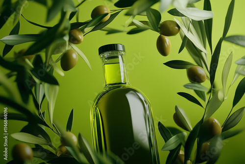 Olives and leaves twisting around glass olive oil bottle photo