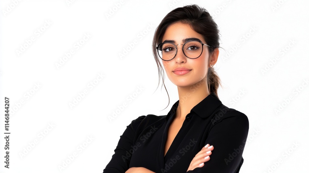 Confident young woman with glasses crossing arms, wearing a black shirt, on a clean white background, representing professionalism and modern style for corporate or business concepts Confident young woman with glasses crossing arms, wearing a black shirt, on a clean white background, representing professionalism and modern style for corporate or business concepts
