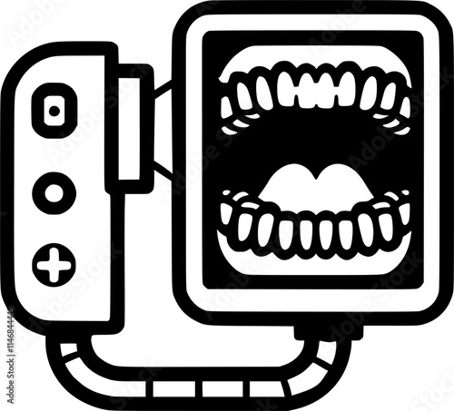 Dental x-ray equipment. Capturing patient mouth. Radiographic sign, symbol, vector, art