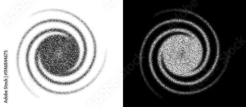 Abstract art background with dotted spiral. Stipple effect with chaotic noise. Black shape on a white background and the same white shape on the black side.