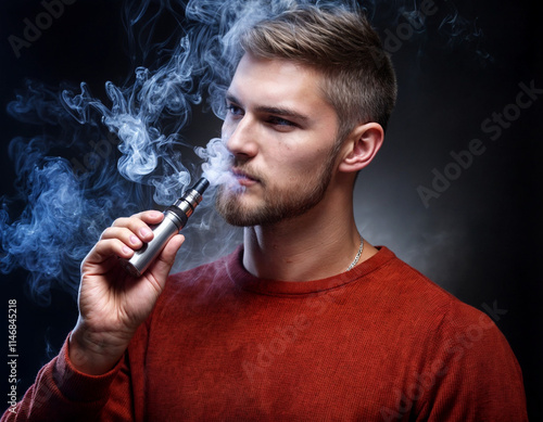 junger Mann mit einer E-Zigarette oder vape und viel qualm photo