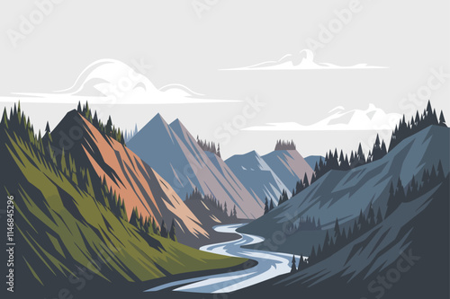 Scenic Mountain Landscape with River and Pine Forest Vector Illustration photo