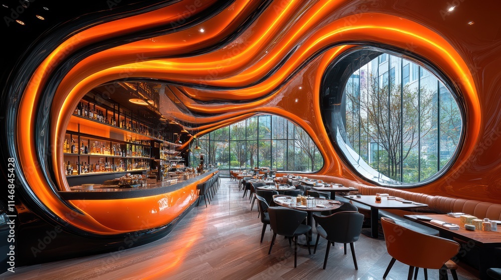 Fototapeta premium Modern restaurant interior with orange, wave-shaped bar and ceiling, tables, chairs, and large windows.