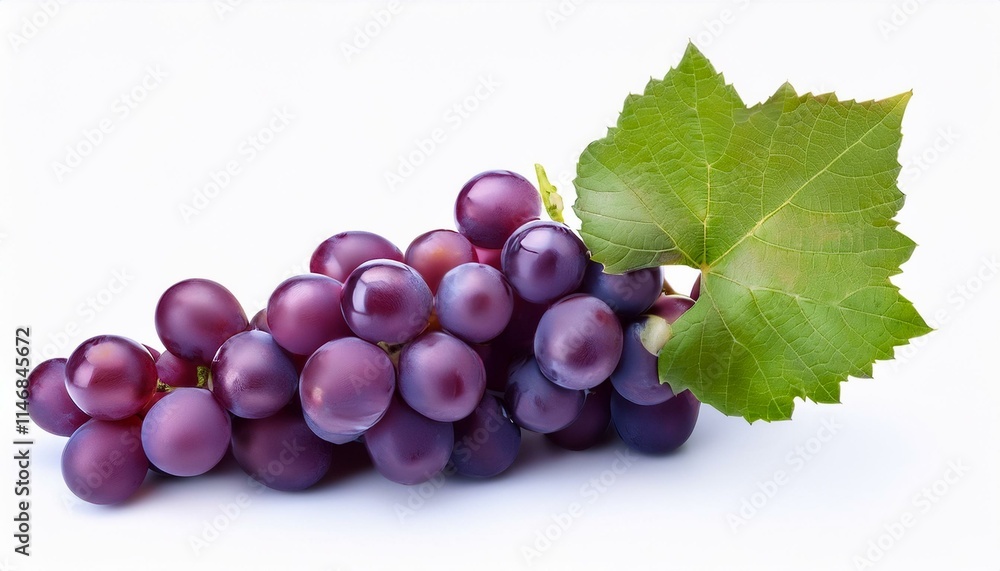 A bunch of ripe, dark purple grapes with a vibrant green leaf. A bunch of ripe, dark purple grapes with a vibrant green leaf.
