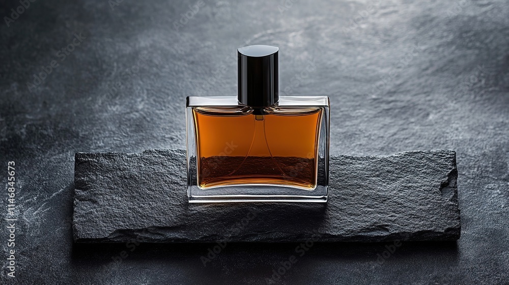 Black background with dark gray, with small perfume bottle on black stone plate. Black background with dark gray, with small perfume bottle on black stone plate.