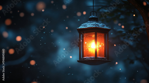 A lantern glowing in the dark surrounded by soft snowfall, winter theme, minimalist and atmospheric, photorealistic