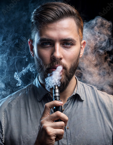 junger Mann mit einer E-Zigarette oder vape und viel qualm photo